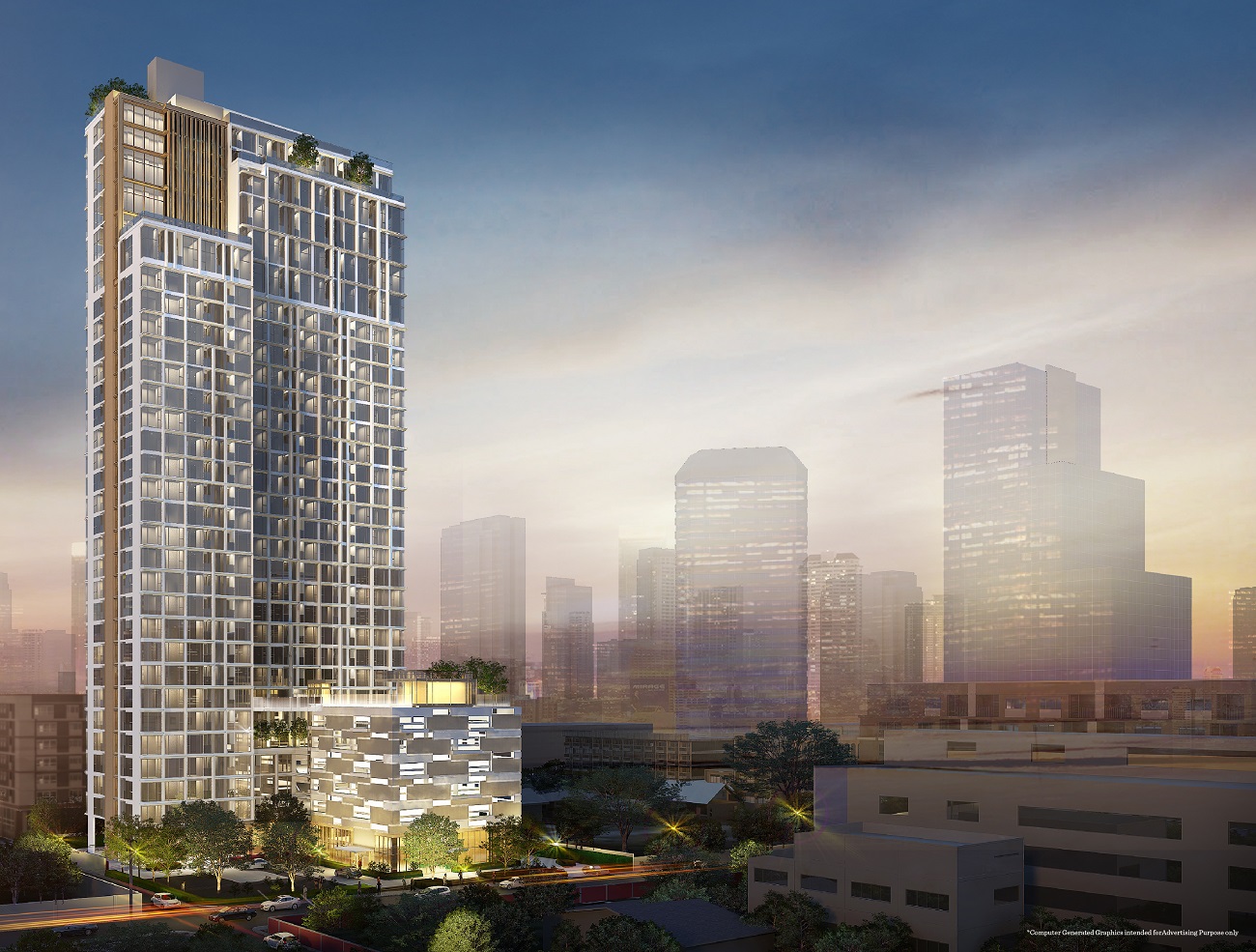 Siamese Exclusive 42 artist rendering of the tower exterior at dusk